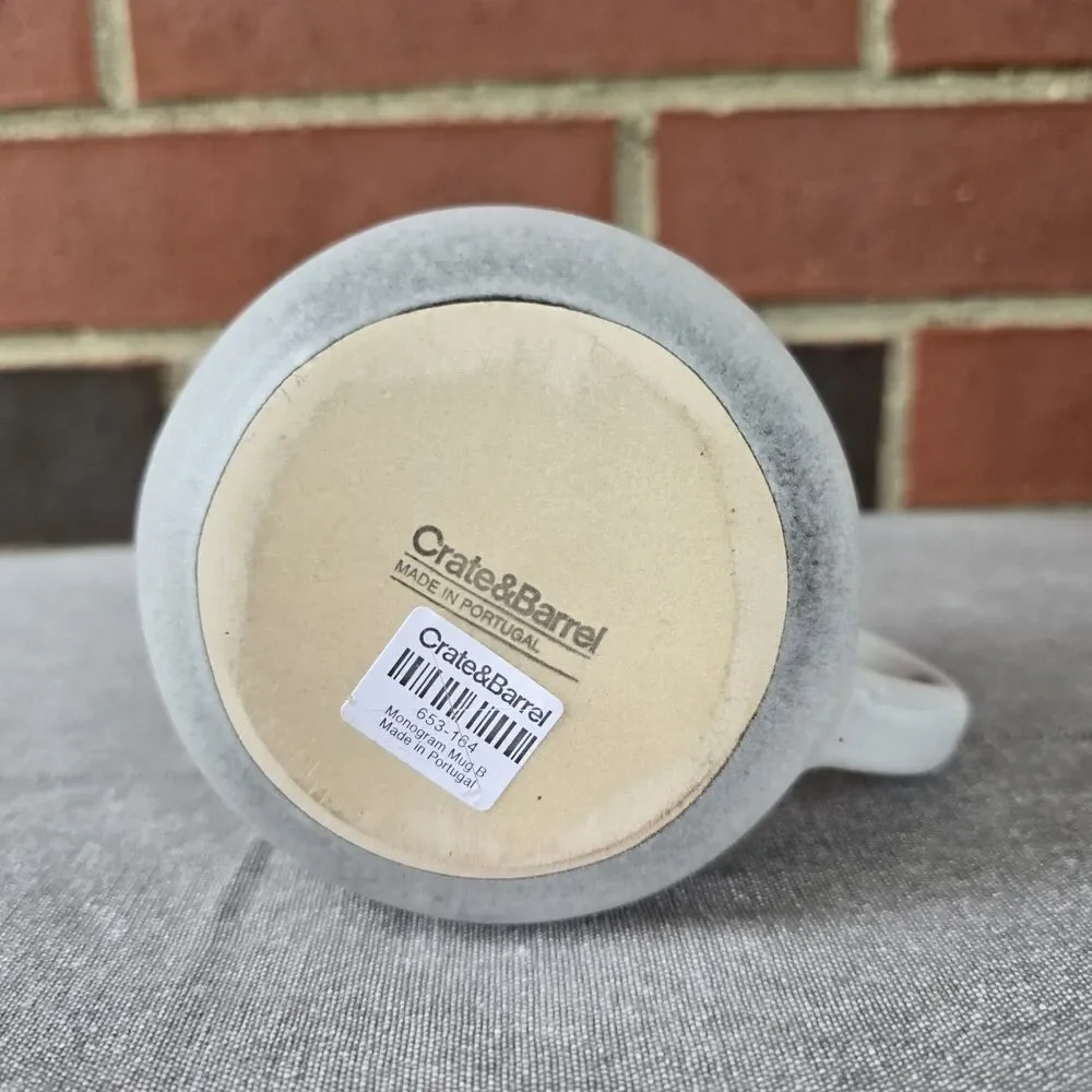 Crate & Barrel Mug Monogram B Handcrafted Artisan Stoneware Portugal Gray Black